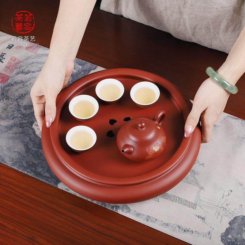 全手储工朱泥手拉茶盘传朱泥茶盘形统家用茶具大小圆紫砂茶船茶水