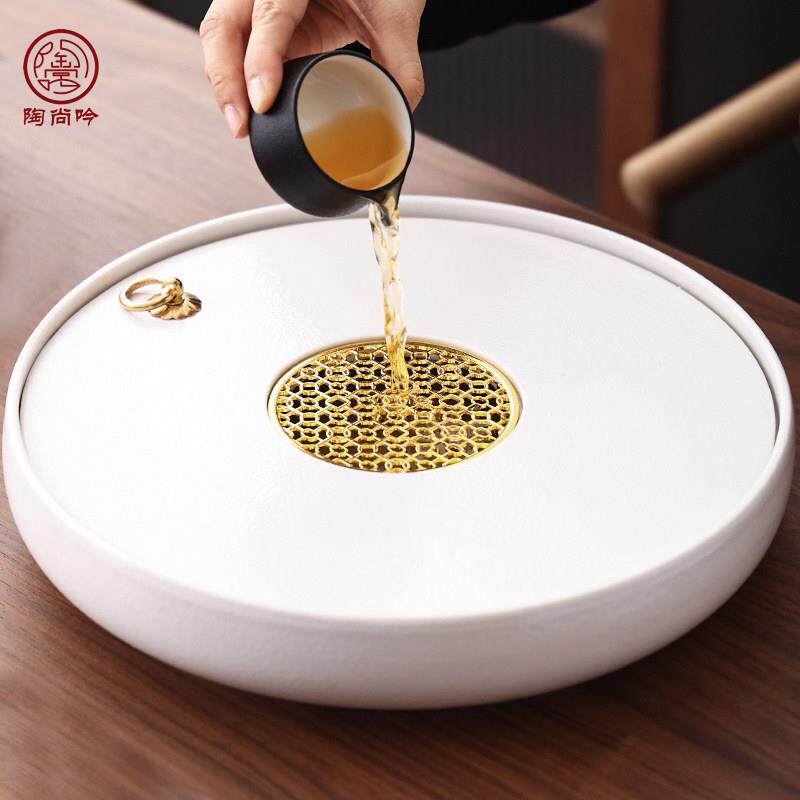 白茶色圆形全陶瓷茶盘简小干约家用储水中式排Tsy-ybqt水办公泡台