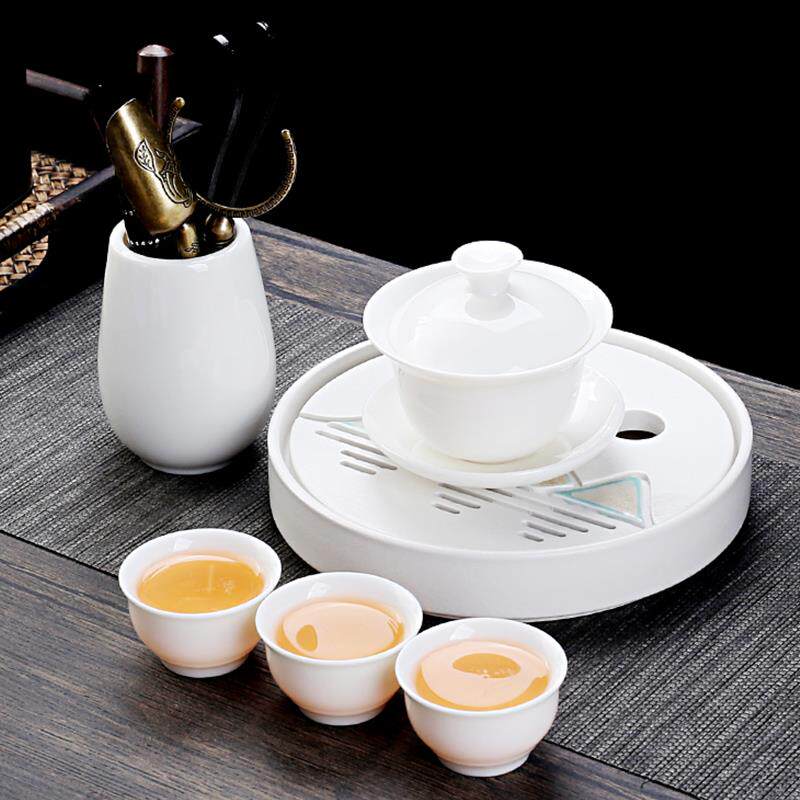 羊脂玉瓷盖碗茶具白瓷功夫茶组三杯六杯潮汕茶台套装高山白瓷