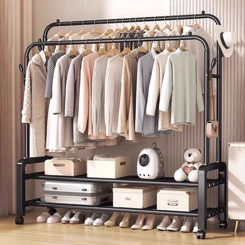 厂家直销简易晾衣架落地卧室家用双杆挂衣架室内客厅可移动衣物收