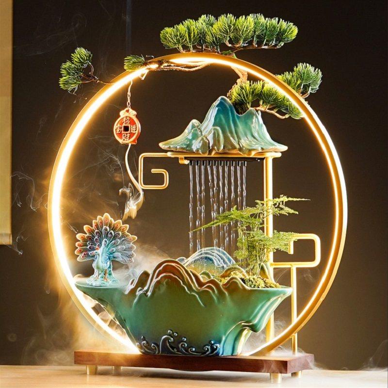 新中式创意招财循环流水雾化客厅玄关茶桌装饰小摆件开 业乔迁礼