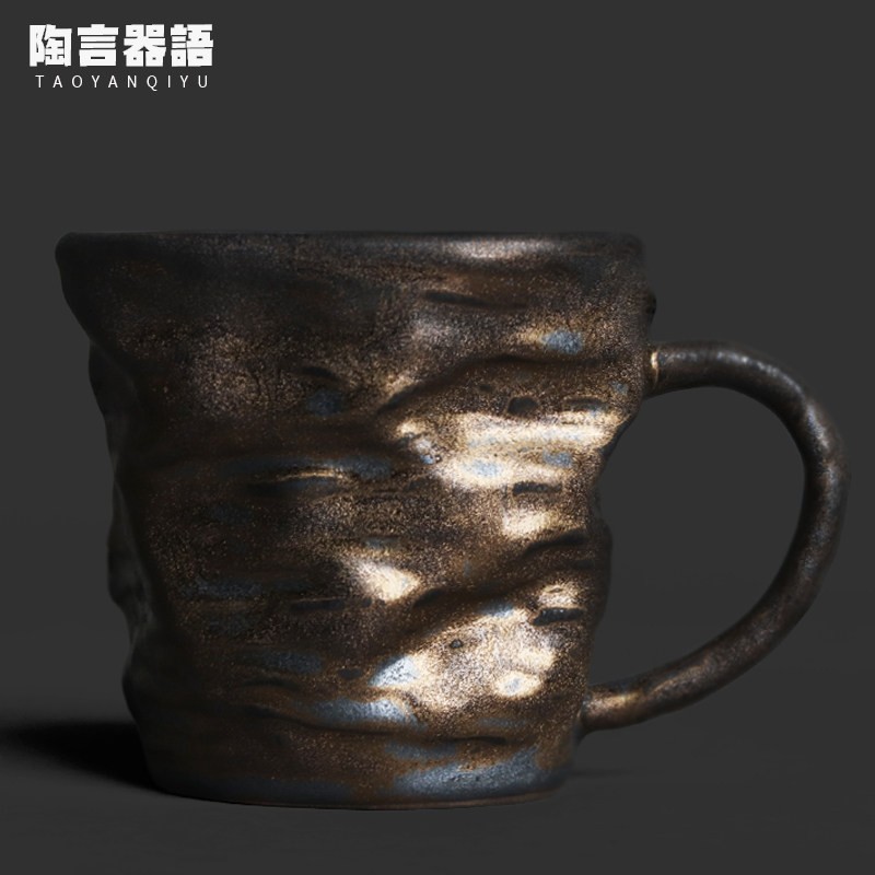 覆古窑变黑金崖壁手柄马克水杯个性创意不规则北欧风咖啡牛奶单杯