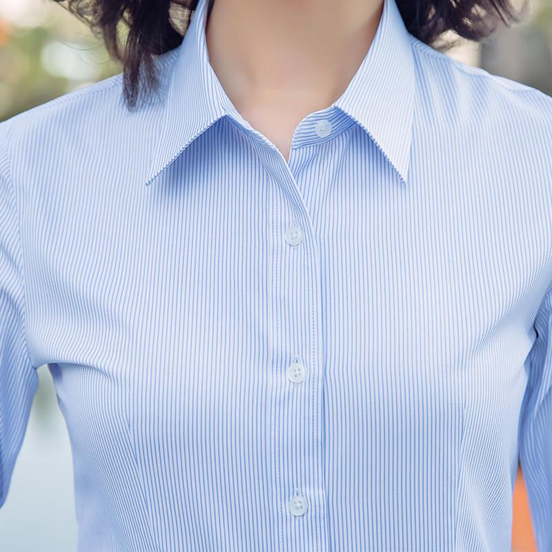 蓝色条纹衬衫女长袖修身银行上班职业女士工作服前台接待工装衬衣