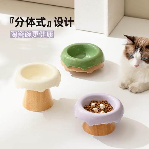 跨境创意陶瓷猫碗宠物碗高脚防打翻猫咪粮碗狗食盆斜口护颈饮水碗