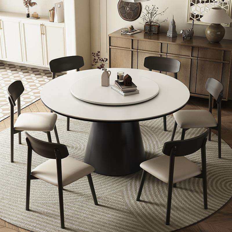 现代简约实木圆形岩板餐桌椅套装家用带转盘饭桌电磁炉圆桌包安装