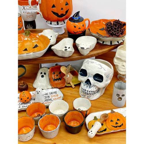 陶瓷盘子 万圣节南瓜小鬼盘子 小鬼碗 釉下彩手绘卡通节日餐