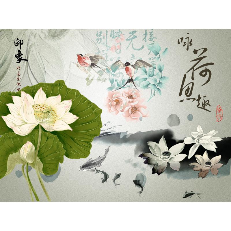 现代新中式装饰画客厅沙发背景墙画无框画心芯山水风景横版荷花鱼图片