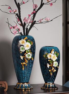 黎采花开富贵手绘珐琅彩艺术琉璃花瓶摆件欧式奢华蓝色琉璃花瓶