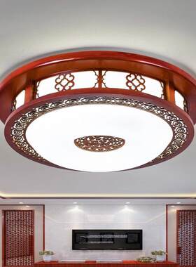 中式吸顶灯led实木卧室灯仿古圆形橡木书房走廊阳台灯具灯饰