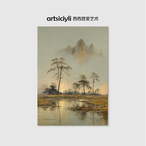 意境山水风景纯手绘油画大芬村肌理画高级感中古客厅玄关竖版挂画