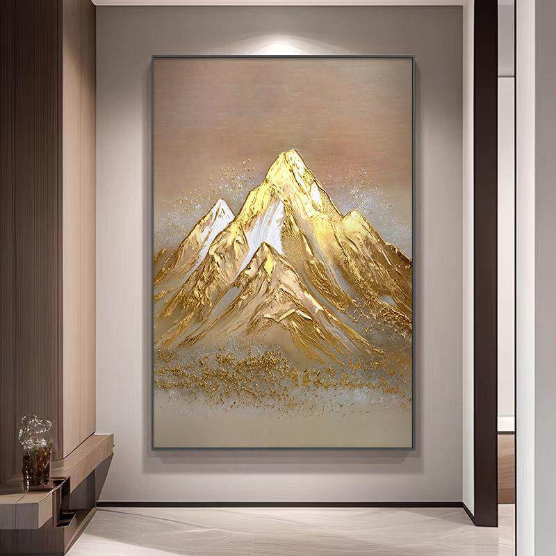 纯手绘日照金山挂画大芬油画村玄关装饰画金箔入户门酒店装饰画