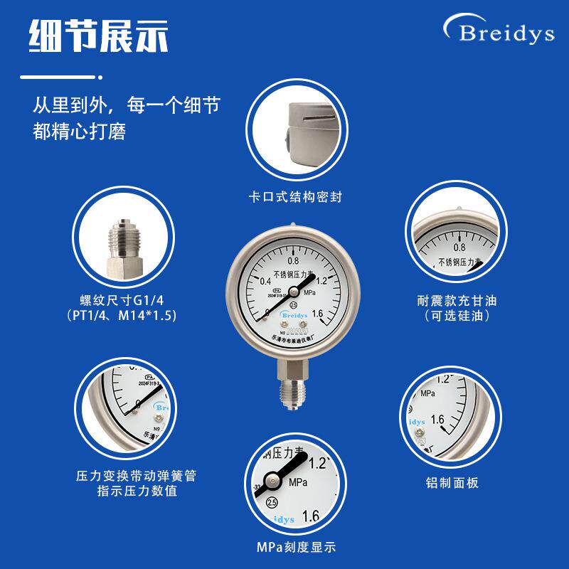 进口式不锈钢压力表EN-837耐酸碱耐腐蚀水压气压液压高精度压力表