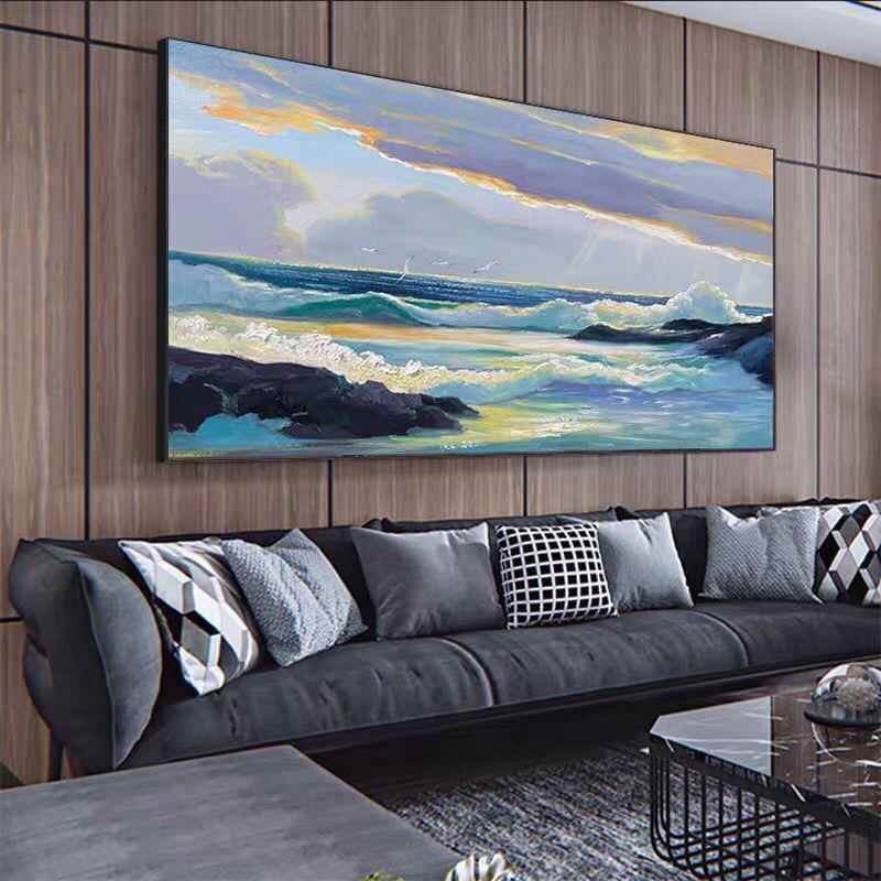 手绘油画客厅沙发背景纯海景装ODC饰画工绘制手大海风品景成挂画