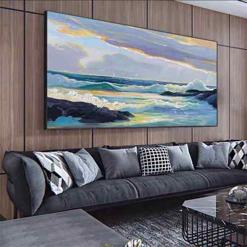 手绘油画客厅沙发背景纯海景装ODC饰画工绘制手大海风品景成挂画