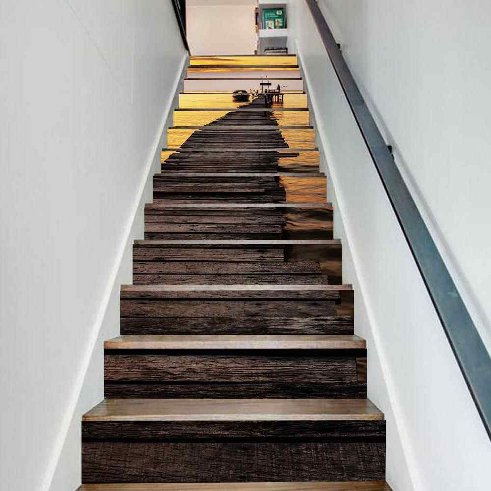 13片复古湖边木桥风景仿真楼梯贴装饰墙贴自粘可移除PVC壁画LT083