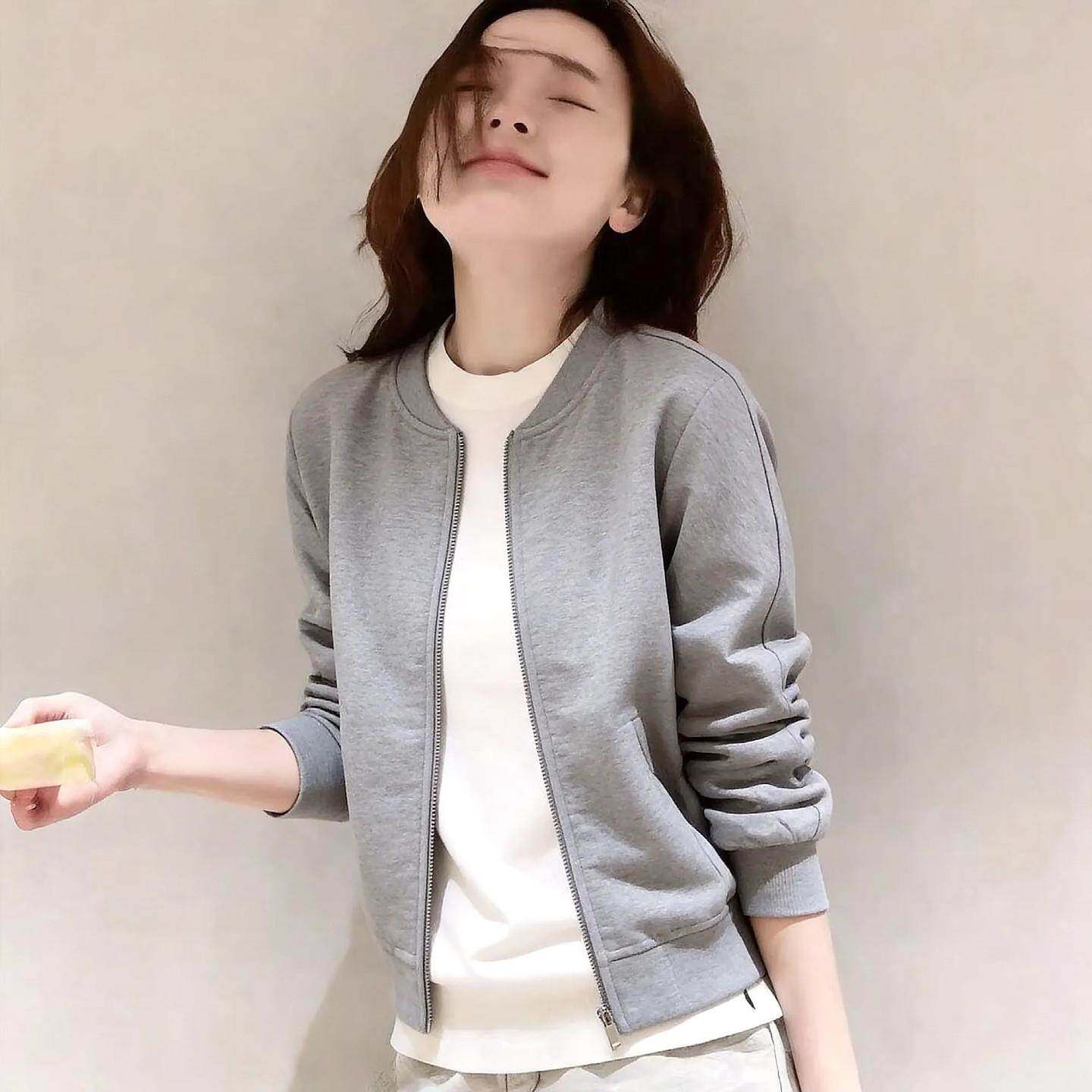 韩国高端灰色圆领棒球服外套女春秋新款百搭洋派卫衣拉炼开衫外套