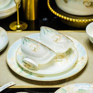 新品 轻奢骨瓷碗盘筷组合乔迁礼 景德镇陶瓷餐具碗碟套装 家用新中式