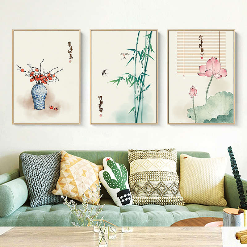 新中式荷花挂画竹子客厅装饰画沙发电视装饰背景墙装饰现代简约画图片