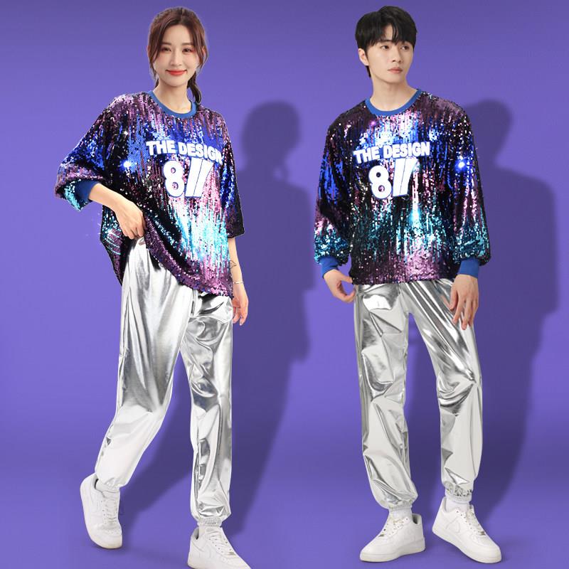 新款广场舞服装男女成人套装爵士舞舞蹈服啦啦队现代舞亮片演出服
