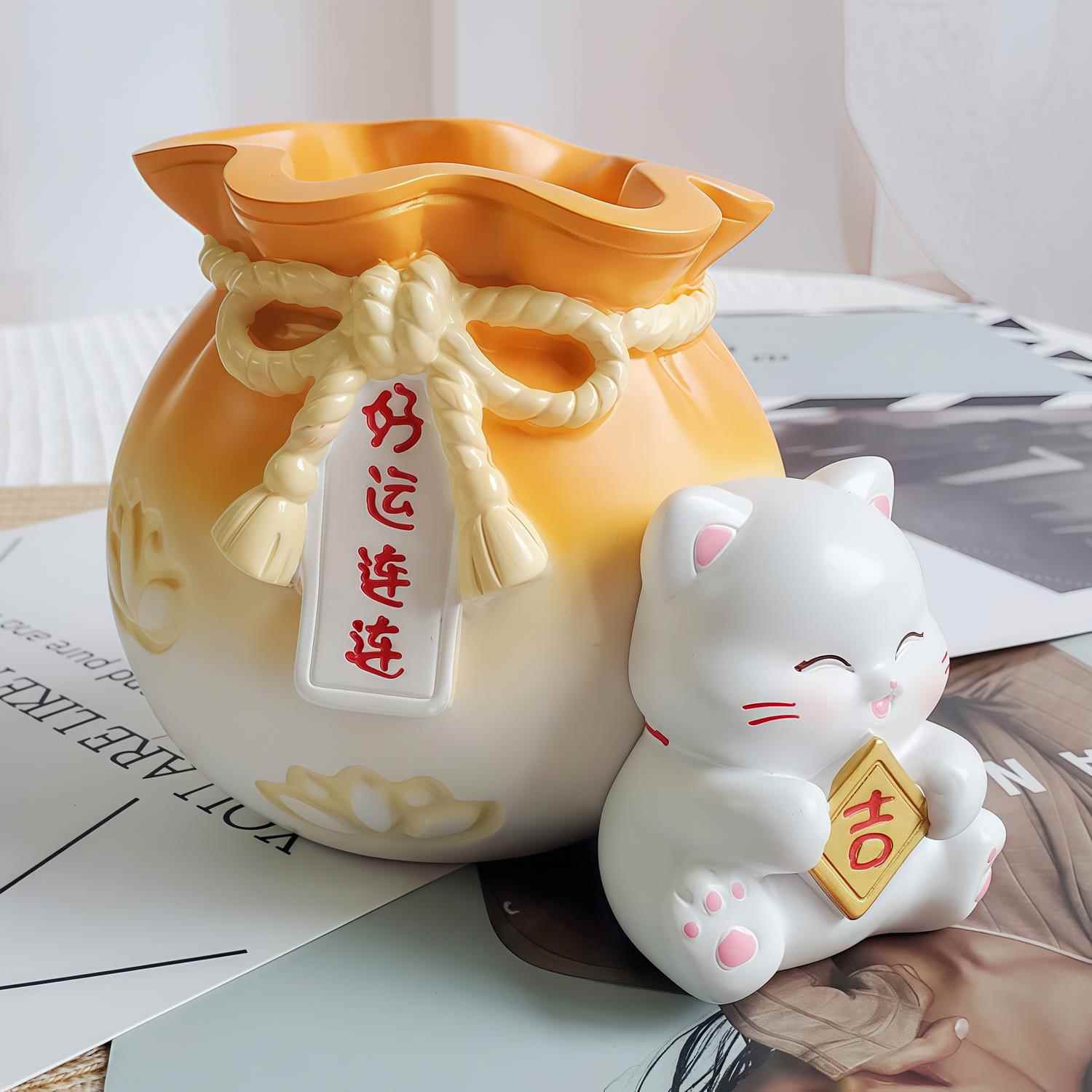 招财猫创意教师节好运连连笔筒办公桌面整理收纳学生树脂笔筒摆件