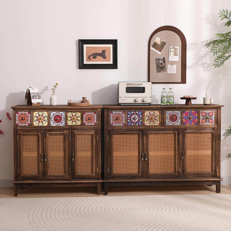 美式餐边柜复古客厅实木储物柜彩绘抽屉新中式藤编置物柜门厅鞋柜,住宅家具,其它柜类,淘宝优惠券,粉丝福利购,淘宝优惠卷