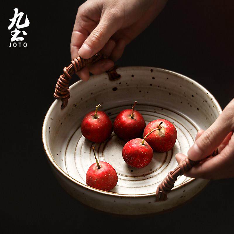九土日式碗盘覆古粗陶盘子盘子创意家用鱼盘陶瓷餐具水果盘圆深盘