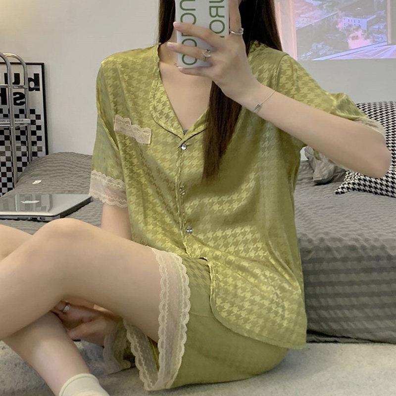 睡衣女夏季冰丝绸蕾丝短袖开衫凉感女士可外穿夏天薄款家居服套装