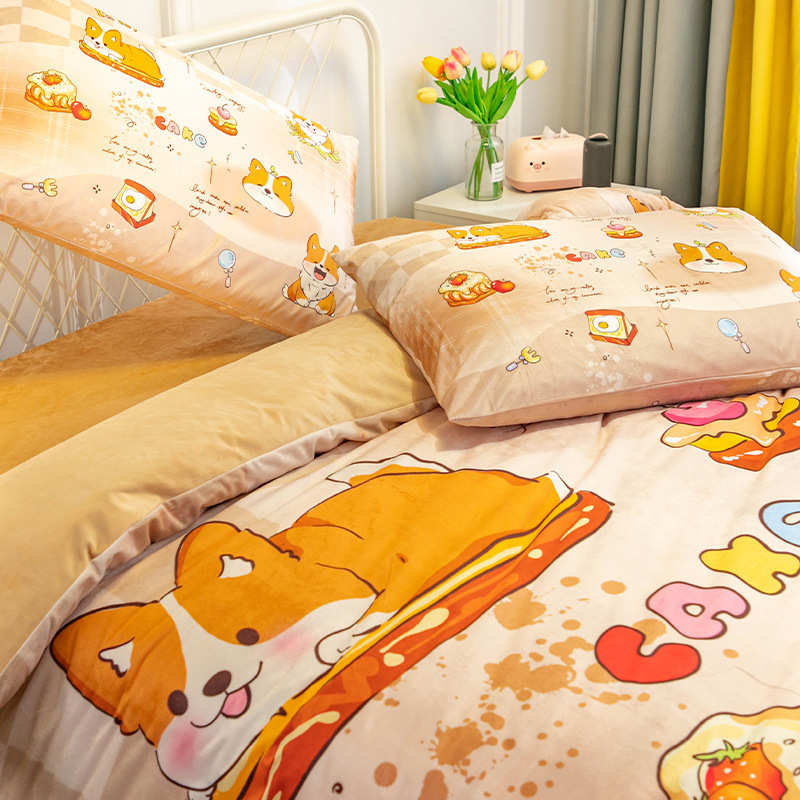 卡通柯基四件套水晶绒冬季保暖三件套宠物小狗被套学生宿舍单人床