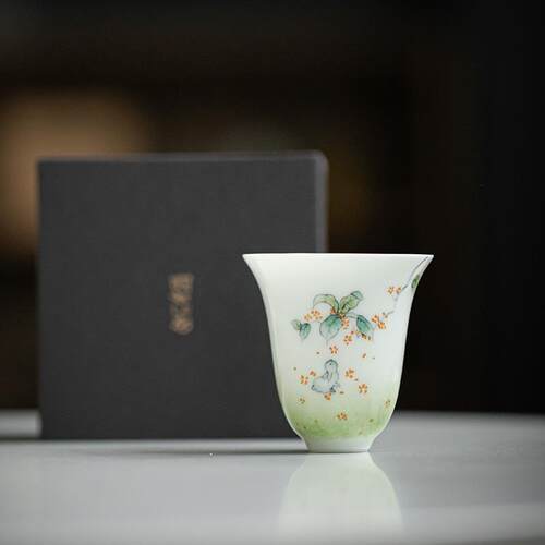 纯手绘玉兔茶杯墨染小苍翠家用文人品茗杯薄胎主人杯聚香杯陶瓷杯