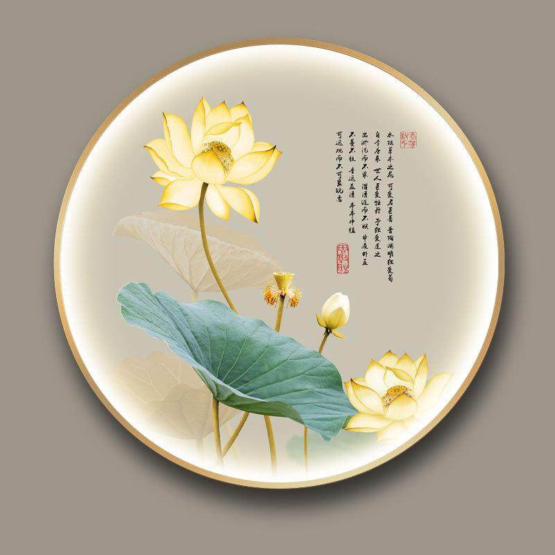 金色荷花带灯装饰画新中式圆形壁画餐厅茶室卧室走廊玄关莲花挂画