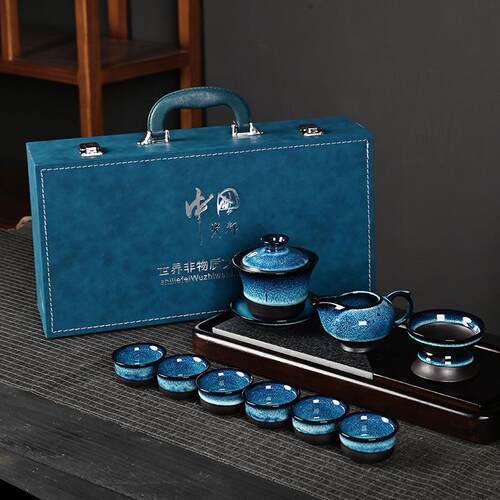 新中式整套窑变釉拉丝茶壶功夫礼品套装天目礼盒茶具大套茶杯商务