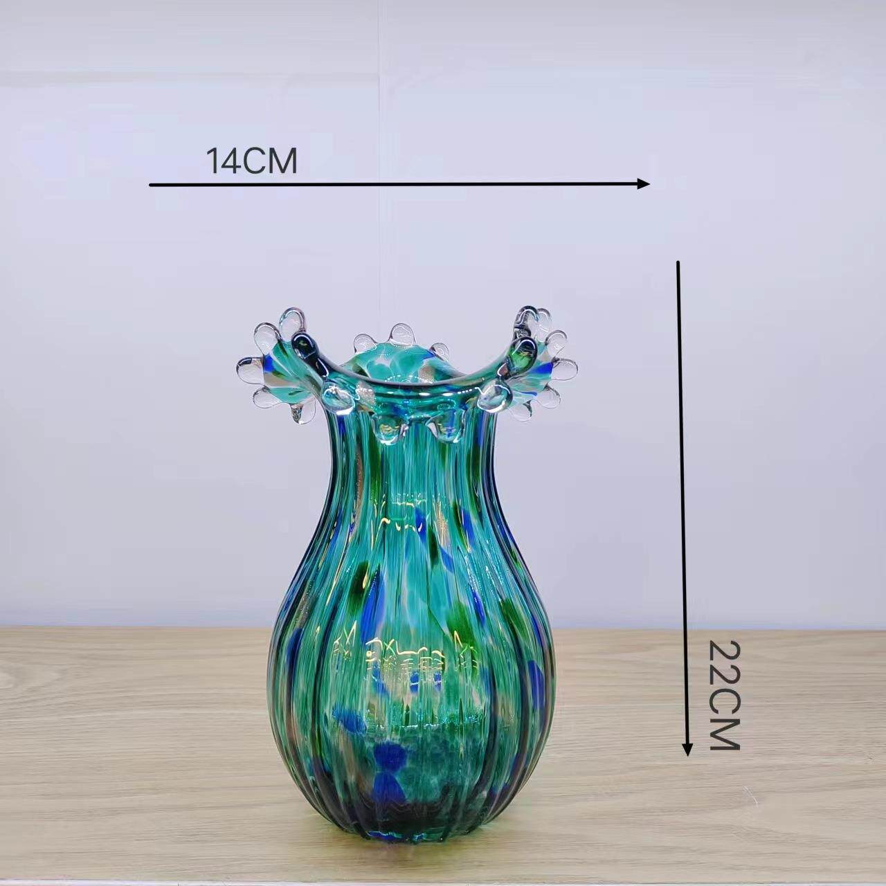 欧式简约波浪口玻璃芬顿花瓶手工吹制彩色玻璃花瓶桌面插花容器