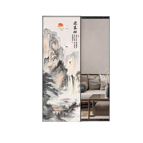 中式风家用隐形推拉镜玄关装饰画可关闭暗藏式全身镜壁画2024新款