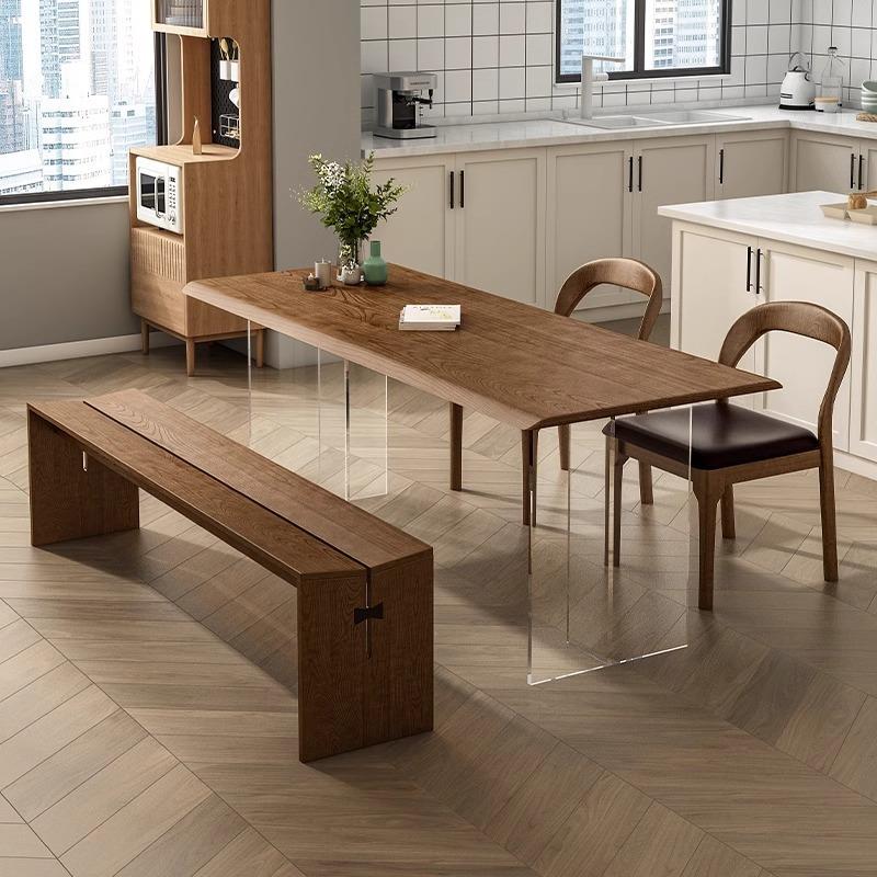 白蜡实木亚克力悬浮餐桌家用岛台简约现代原木大板长桌椅组合一体