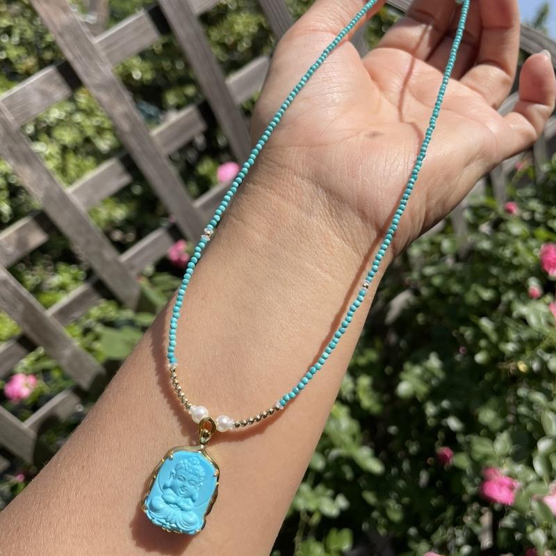 原矿高瓷蓝绿松宝宝佛吊坠18k金镶嵌锁骨链坠挂件29.5×17.8×7mm