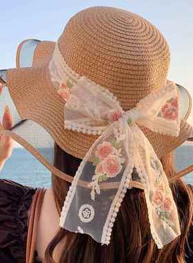 2024夏季新款时尚甜美大帽檐草帽女防晒遮阳太阳帽子海边度假拍照