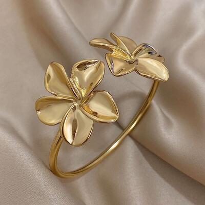 Greatera Stainless Steel Double Flower Cuff Bracelet Bangle