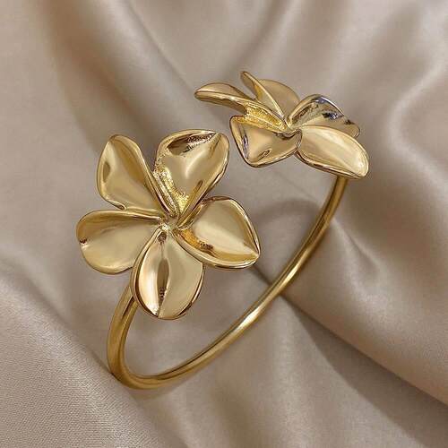 Greatera Stainless Steel Double Flower Cuff Bracelet Bangle