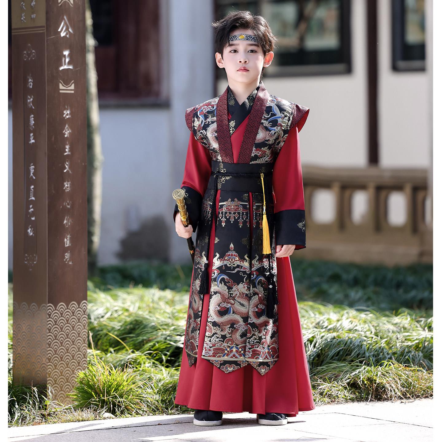 高端长袖男童汉服红色套装春夏装2026新款中国风儿童古装古风帅气