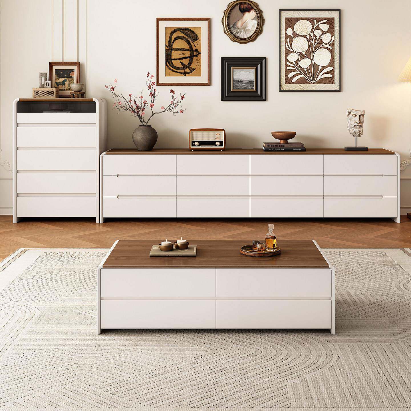 全实木中古风电视柜客厅家用简约现代2026新款落地一体收纳储物柜