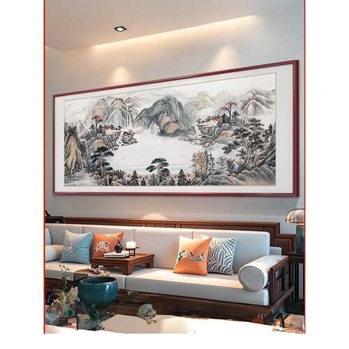 西墙聚财客厅挂画新中式沙发装饰画聚宝盆山水画靠山图办公室壁画