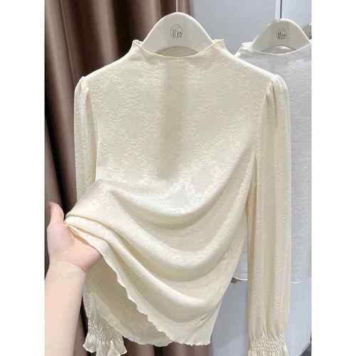 法式蕾丝打底衫女秋冬半高领长袖网纱t恤内搭宽松显瘦荷叶袖上衣