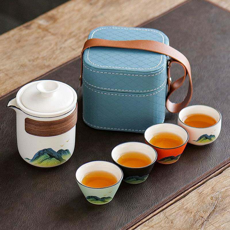 具可外式清韵套杯携旅行茶套组一壶六杯四色户露营车载家用陶瓷快