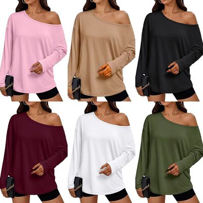 Women'S One Shoulder Slimming Basic Casual Long Sleeve