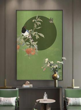 新中式花鸟装饰画墨绿色古典挂画软装样板房入户玄关大尺寸壁画