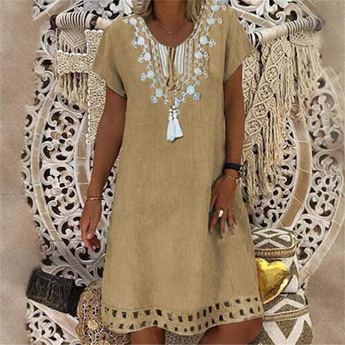 Lace printed short sleeved collar dress for women