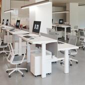 可升降工位桌带挡板电动站立式 实木双人电脑桌员工白色屏风办公桌