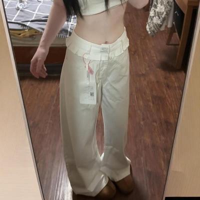 高个子加长美式白色花边牛仔裤女夏季直筒裤高腰设计感拖地阔腿裤