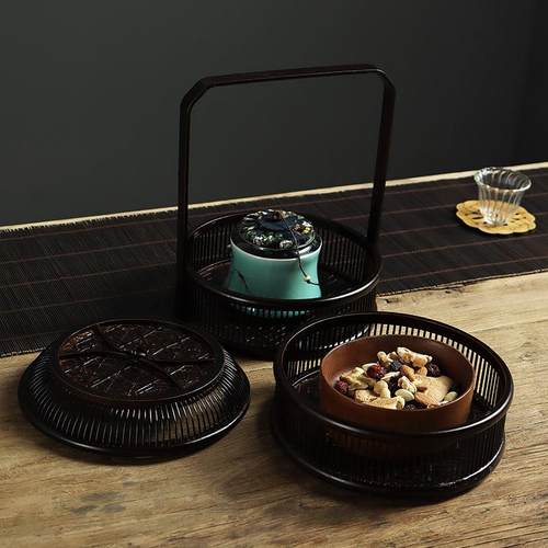 200新款中用仿KGF古竹编漆器提篮野餐旅行带盖2食式盒