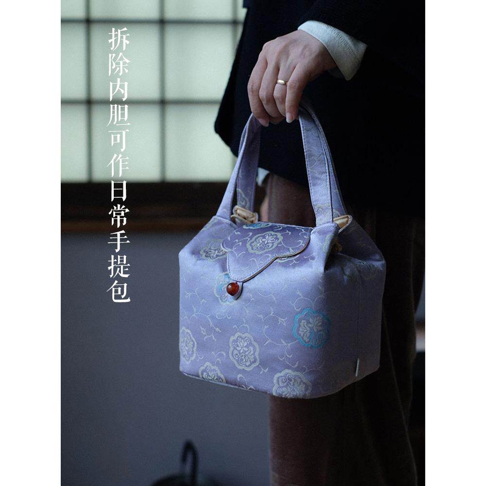 A6L茶事包茶具收纳包棉麻布袋加厚夹棉手提布包茶器便携旅行
